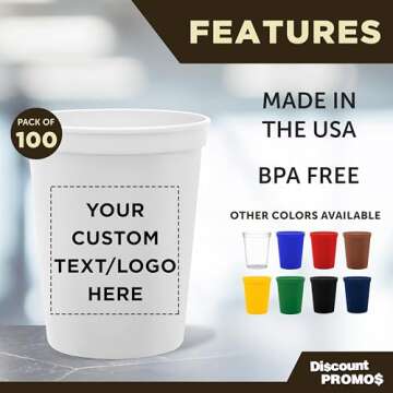 DISCOUNT PROMOS Custom Plastic Stadium Cups 16 oz. Set of 100, Personalized Bulk Pack - Perfect for ...
