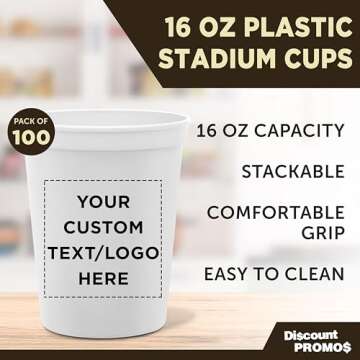 DISCOUNT PROMOS Custom Plastic Stadium Cups 16 oz. Set of 100, Personalized Bulk Pack - Perfect for Birthdays, Weddings, Picnic, Beach, Parties - White