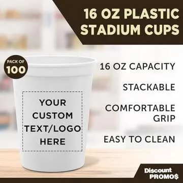 DISCOUNT PROMOS Custom Plastic Stadium Cups 16 oz. Set of 100, Personalized Bulk Pack - Perfect for Birthdays, Weddings, Picnic, Beach, Parties - White