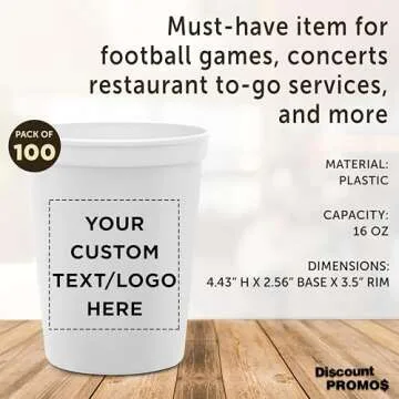 DISCOUNT PROMOS Custom Plastic Stadium Cups 16 oz. Set of 100, Personalized Bulk Pack - Perfect for Birthdays, Weddings, Picnic, Beach, Parties - White