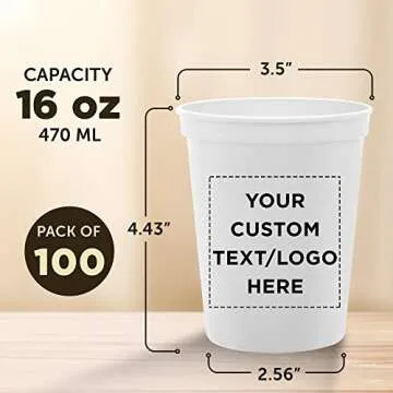 DISCOUNT PROMOS Custom Plastic Stadium Cups 16 oz. Set of 100, Personalized Bulk Pack - Perfect for Birthdays, Weddings, Picnic, Beach, Parties - White