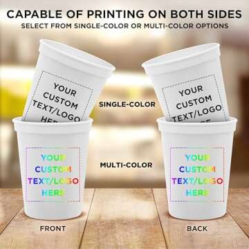 DISCOUNT PROMOS Custom Plastic Stadium Cups 16 oz. Set of 100, Personalized Bulk Pack - Perfect for Birthdays, Weddings, Picnic, Beach, Parties - White