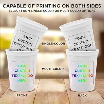 DISCOUNT PROMOS Custom Plastic Stadium Cups 16 oz. Set of 100, Personalized Bulk Pack - Perfect for Birthdays, Weddings, Picnic, Beach, Parties - White