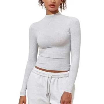 PrettyGuide Cotton Long Sleeve Mock Neck Shirts for Women Tight Fitted Going Out y2k Tops Basic Tee Light Heather Grey S