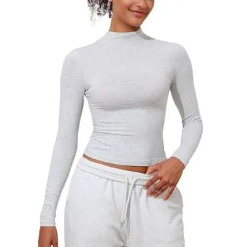 PrettyGuide Cotton Long Sleeve Mock Neck Shirts for Women Tight Fitted Going Out y2k Tops Basic Tee Light Heather Grey S