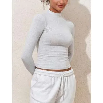 PrettyGuide Cotton Long Sleeve Mock Neck Shirts for Women Tight Fitted Going Out y2k Tops Basic Tee Light Heather Grey S