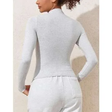 PrettyGuide Cotton Long Sleeve Mock Neck Shirts for Women Tight Fitted Going Out y2k Tops Basic Tee Light Heather Grey S