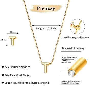 Picuzzy Gold Initial Necklaces for Women, Dainty 14k Gold Plated Letter Choker Necklace Cute Monogram T Necklace for Women Tiny Pendant Necklace Simple Gold Jewelry Christmas Gifts