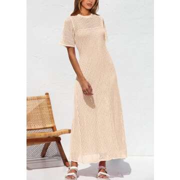 PRETTYGARDEN Womens Eyelet Cover Up Dress 2025 Summer Vacation Resort Maxi Dresses Beach Short Sleeve Hollow Out Sundress (Apricot,Medium)