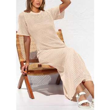 PRETTYGARDEN Womens Eyelet Cover Up Dress 2025 Summer Vacation Resort Maxi Dresses Beach Short Sleeve Hollow Out Sundress (Apricot,Medium)