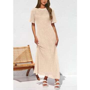 PRETTYGARDEN Womens Eyelet Cover Up Dress 2025 Summer Vacation Resort Maxi Dresses Beach Short Sleeve Hollow Out Sundress (Apricot,Medium)