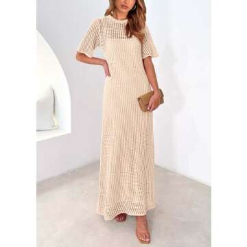 PRETTYGARDEN Womens Eyelet Cover Up Dress 2025 Summer Vacation Resort Maxi Dresses Beach Short Sleeve Hollow Out Sundress (Apricot,Medium)