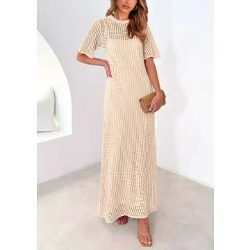 PRETTYGARDEN Womens Eyelet Cover Up Dress 2025 Summer Vacation Resort Maxi Dresses Beach Short Sleeve Hollow Out Sundress (Apricot,Medium)