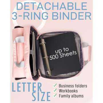 Kaitiaki 3 Ring Zipper Binder, 2 inch O-Ring Organizer Binder with Handle and Shoulder Strap, Large Portable Storage Pocket, Compatible with 14-Inch Chromebook, Pink