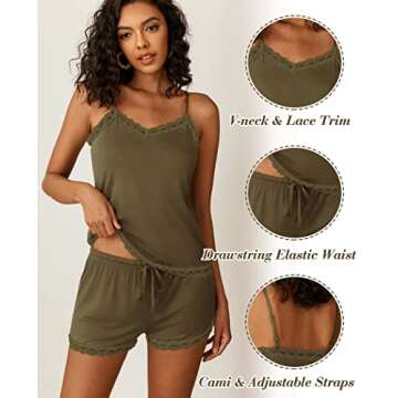 Avidlove Pajamas Sets For Women Cami Shorts Set Lace Trim Sexy Lingerie Sleepwear - Army Green, XL