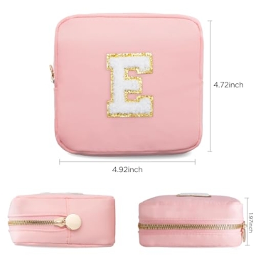 HBselect Small Makeup Bag Personalized Initial Letter Mini Makeup Bags Nylon Chenille Letter Patch C...