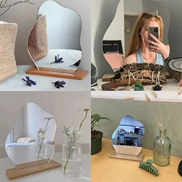 G.Dori Irregular Aesthetic Vanity Mirror Frameless, Decorative Desk Tabletop Acrylic Mirrors with Wooden Stand for Living Room, Bedroom, Office and Minimal Spaces Home Decor - Cloud Shape