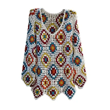 Elegant White Crochet Top Women Long Sleeve Blouse V Neck Granny Square