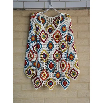 White Crochet Top Women Long Sleeve Blouse V Neck Granny Square