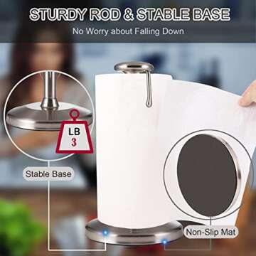 LKKL Paper Towel Holder Countertop, One Hand Tear Kitchen Paper Towel Holder Stand with Sturdy Weighted Base, Standing Paper Towel Roll Holder for Kitchen Bathroom Laundry, Stainless Steel Nickel
