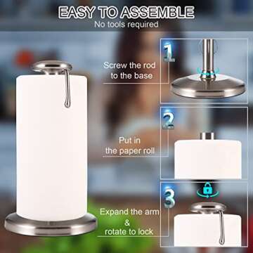 LKKL Paper Towel Holder Countertop, One Hand Tear Kitchen Paper Towel Holder Stand with Sturdy Weighted Base, Standing Paper Towel Roll Holder for Kitchen Bathroom Laundry, Stainless Steel Nickel