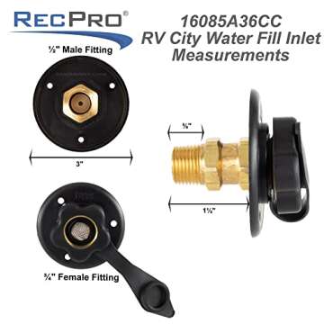 RecPro RV City Water Fill Inlet | Black | Optional Hose Elbow and or Gasket Seal | Flange Brass with Check Valve | Camper | Trailer | Marine (No Hose Elbow, No Seal)