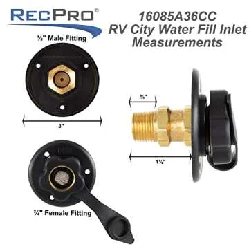RecPro RV City Water Fill Inlet | Black | Optional Hose Elbow and or Gasket Seal | Flange Brass with Check Valve | Camper | Trailer | Marine (No Hose Elbow, No Seal)