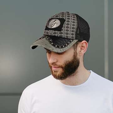 Trendy Cowboy Hat with Metallic Rodeo Emblem - Tan Brown