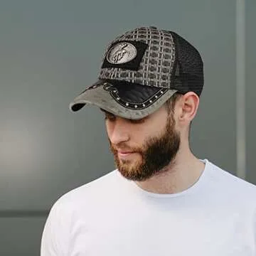 Trendy Cowboy Hat with Metallic Rodeo Emblem - Tan Brown