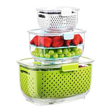 LUXEAR Fresh Produce Vegetable Fruit Storage Containers 3-Piece Set, BPA-free Fridge Storage Solutio...