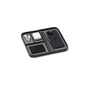 Nordik Leather Valet Tray - Pebble Black - Premium Vegan Leather Stylish and Organized Nightstand Tr...