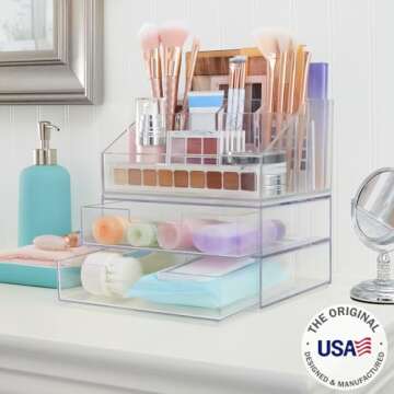 STORi Chloe Stackable Clear Makeup Brush Holder and Drawer Organizer Set, Organize Brushes, Cosmetic...