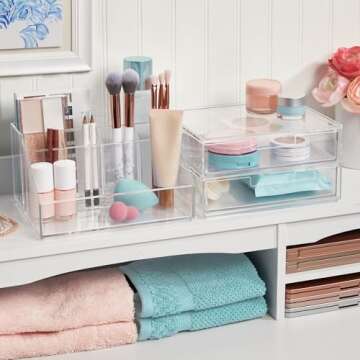 STORi Chloe Stackable Clear Makeup Brush Holder and Drawer Organizer Set, Organize Brushes, Cosmetics, and Beauty Supplies, Made in USA