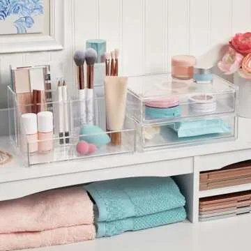 STORi Chloe Stackable Clear Makeup Brush Holder and Drawer Organizer Set, Organize Brushes, Cosmetics, and Beauty Supplies, Made in USA