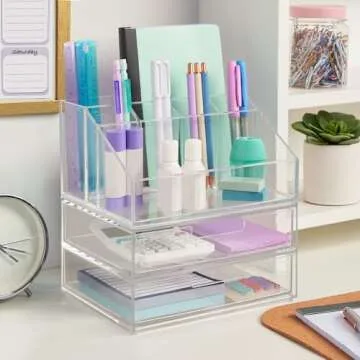 STORi Chloe Stackable Clear Makeup Brush Holder and Drawer Organizer Set, Organize Brushes, Cosmetics, and Beauty Supplies, Made in USA