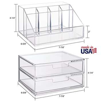 STORi Chloe Stackable Clear Makeup Brush Holder and Drawer Organizer Set, Organize Brushes, Cosmetics, and Beauty Supplies, Made in USA