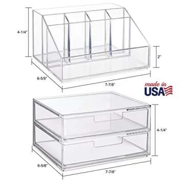 STORi Chloe Stackable Clear Makeup Brush Holder and Drawer Organizer Set, Organize Brushes, Cosmetics, and Beauty Supplies, Made in USA