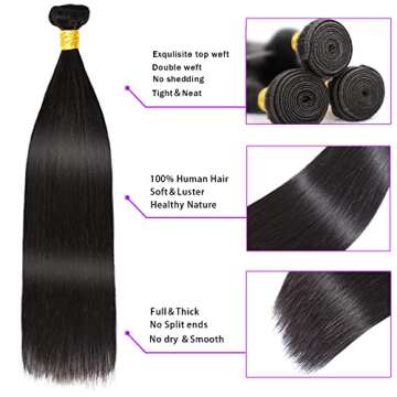 VIOLET Human Hair Straight Wig, 18 20 22+16, Black, 100% Unprocessed Brazilian Virgin, 150% Density, 4x4 Lace Closure, Full Head Coverage