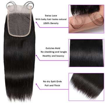 VIOLET Human Hair Straight Wig, 18 20 22+16, Black, 100% Unprocessed Brazilian Virgin, 150% Density, 4x4 Lace Closure, Full Head Coverage