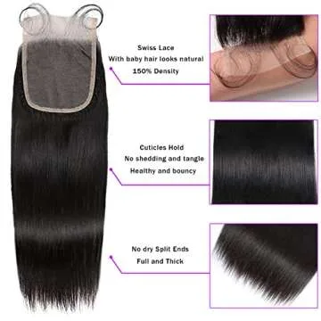 VIOLET Human Hair Straight Wig, 18 20 22+16, Black, 100% Unprocessed Brazilian Virgin, 150% Density, 4x4 Lace Closure, Full Head Coverage