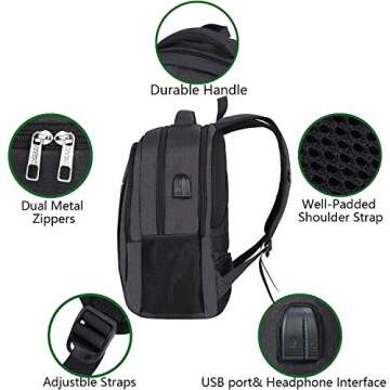 Business Laptop Backpack,IIYBC Water Resistant Anti-Theft College School Backpack with USB Charging Port & Headphone Interface Fits 17 Inch Computer Backpacks for Men Women