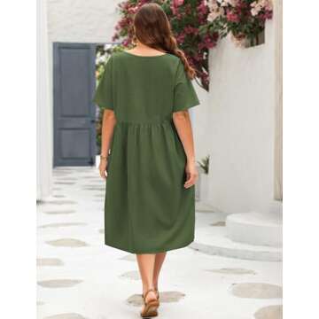 IN'VOLAND Plus Size Cotton Linen Dresses for Women Short Sleeve Summer Midi Dress with Pockets