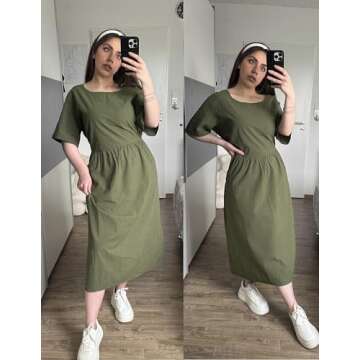 IN'VOLAND Plus Size Cotton Linen Dresses for Women Short Sleeve Summer Midi Dress with Pockets
