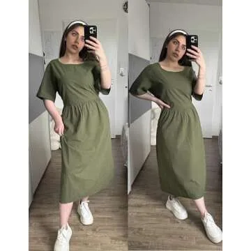 IN'VOLAND Plus Size Cotton Linen Dresses for Women Short Sleeve Summer Midi Dress with Pockets