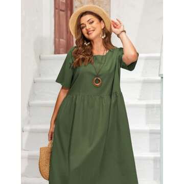 IN'VOLAND Plus Size Cotton Linen Dresses for Women Short Sleeve Summer Midi Dress with Pockets