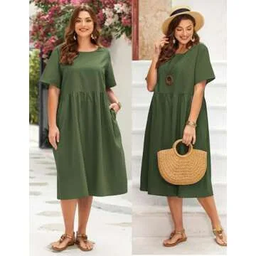 IN'VOLAND Plus Size Cotton Linen Dresses for Women Short Sleeve Summer Midi Dress with Pockets