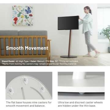 WALL A2 High Type | Japanese Rolling Portable Free-Standing 24-55 Inch Universal TV Stand with Concealed Caster Wheels | Satin White