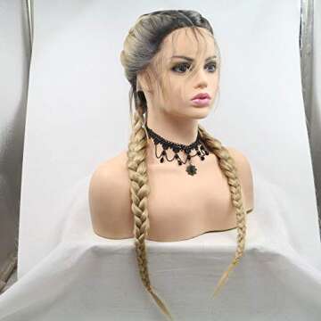 Yinuozhogntian Blonde Double Braided Wigs with Baby Hair Heat Resistant Synthetic Lace Front Wigs for Women Female Dark Roots Ombre Blonde Natural 2x Twist Braids Long Hair Glueless Synthetic Wig