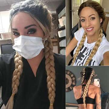 Yinuozhogntian Blonde Double Braided Wigs with Baby Hair Heat Resistant Synthetic Lace Front Wigs for Women Female Dark Roots Ombre Blonde Natural 2x Twist Braids Long Hair Glueless Synthetic Wig
