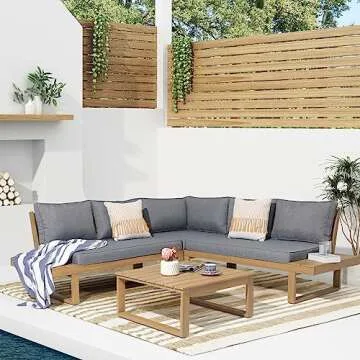 Soleil Jardin 4 Piece Acacia Wood Patio Furniture L-Shaped Outdoor Sectional Sofa Set with Coffee Ta...